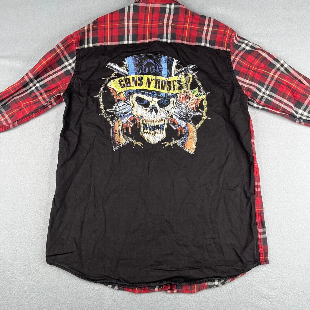 Guns N Roses Zara Man Shirt Medium Red Tartan Plaid Flip Cuff Graphic Back Mens